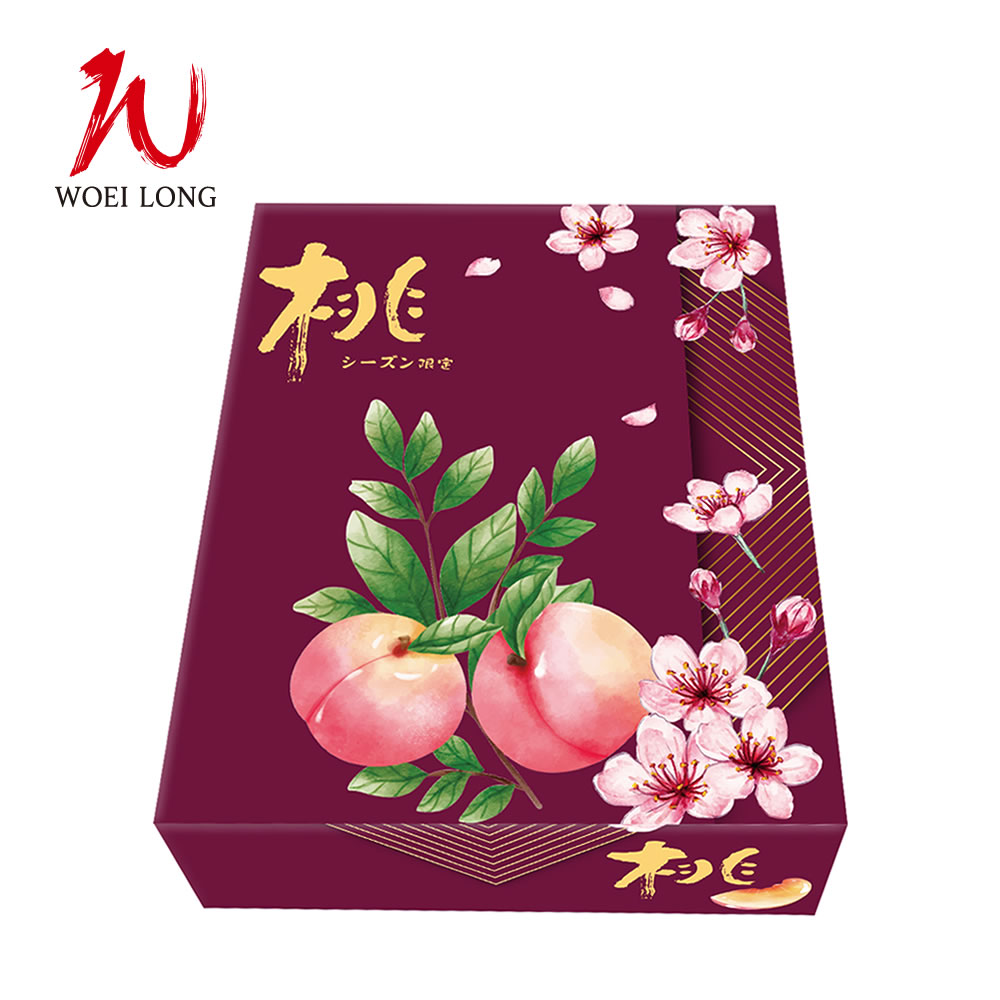 品名：紫紅色版-小水蜜桃盒 / 尺寸：30＊24.3＊9公分 / 材質：蓋(E浪)/底(B浪)/牛皮色盒底 / 數量：50pcs(最低購買量)